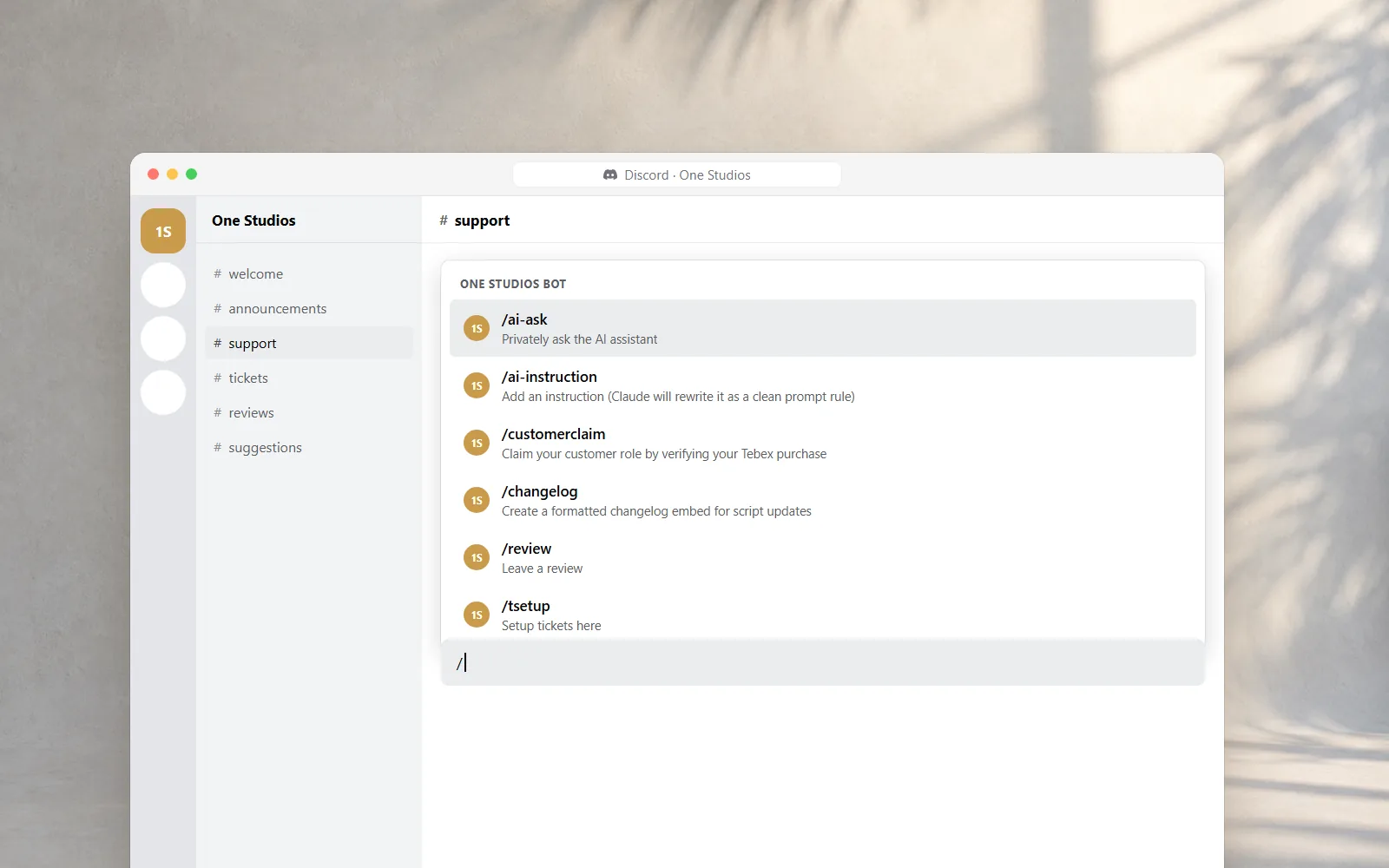 One Studios Discord Bot, AI support that answers from the docs