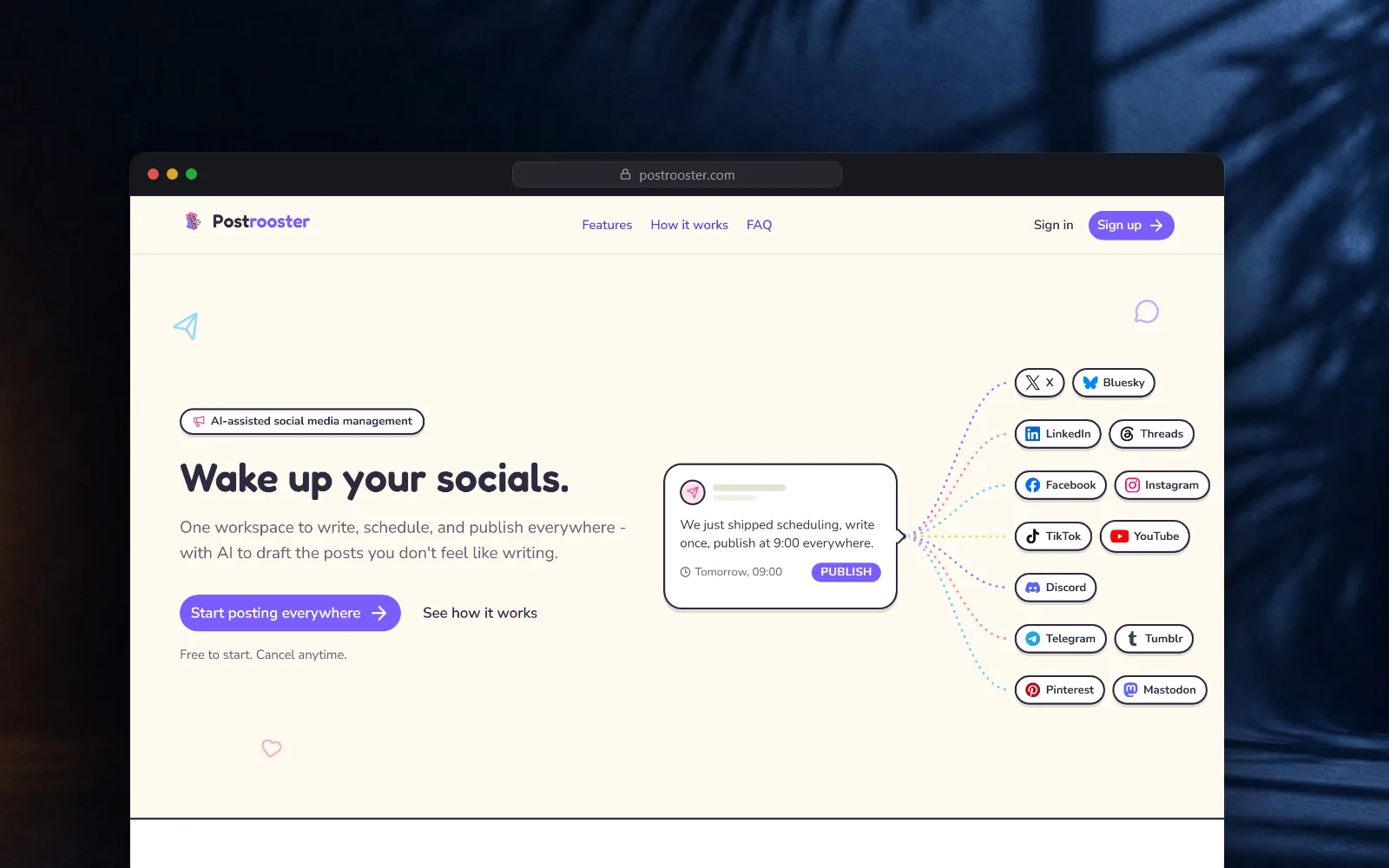 Postrooster, AI content and automated publishing to 13 social networks
