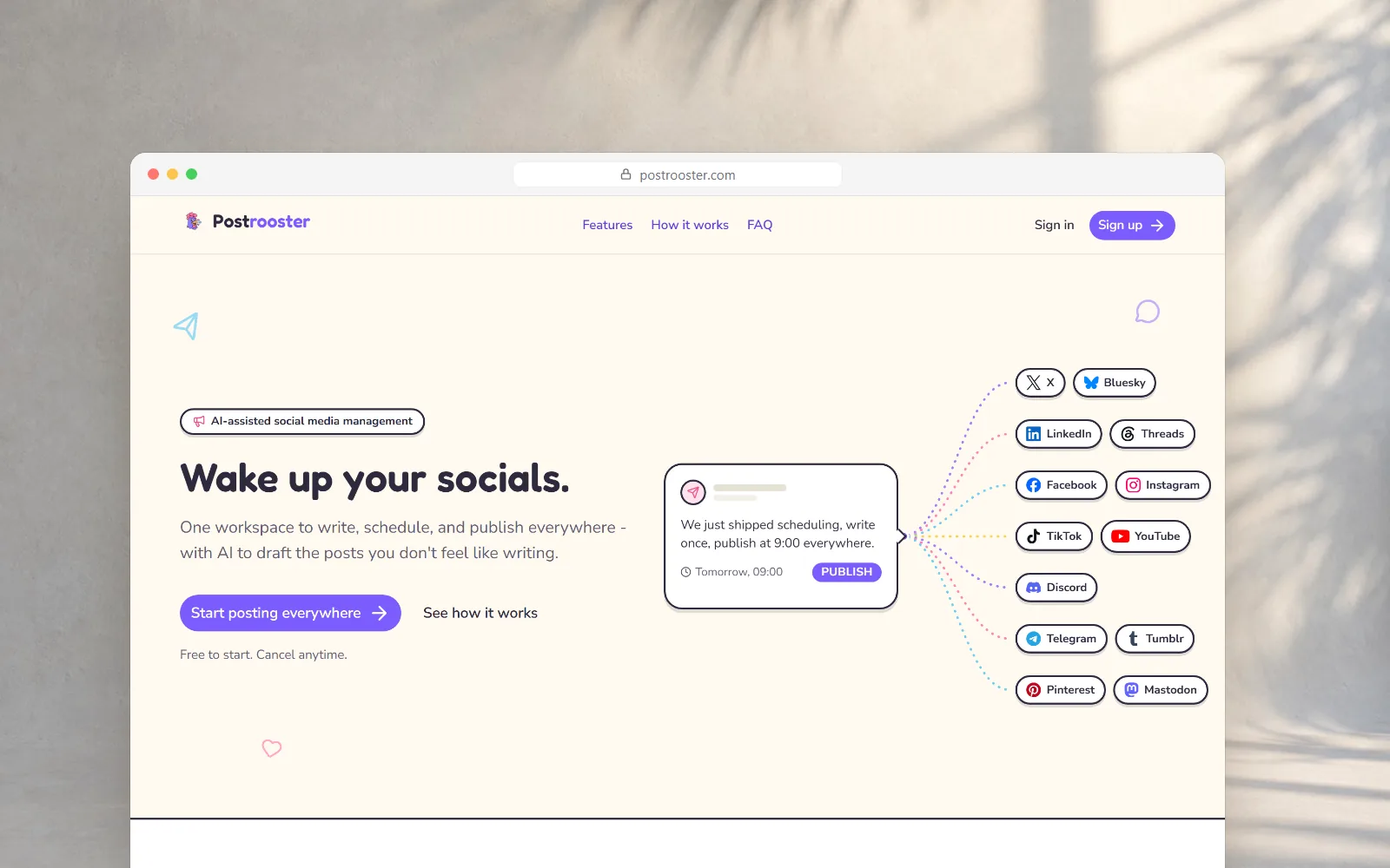 Postrooster, AI content and automated publishing to 13 social networks