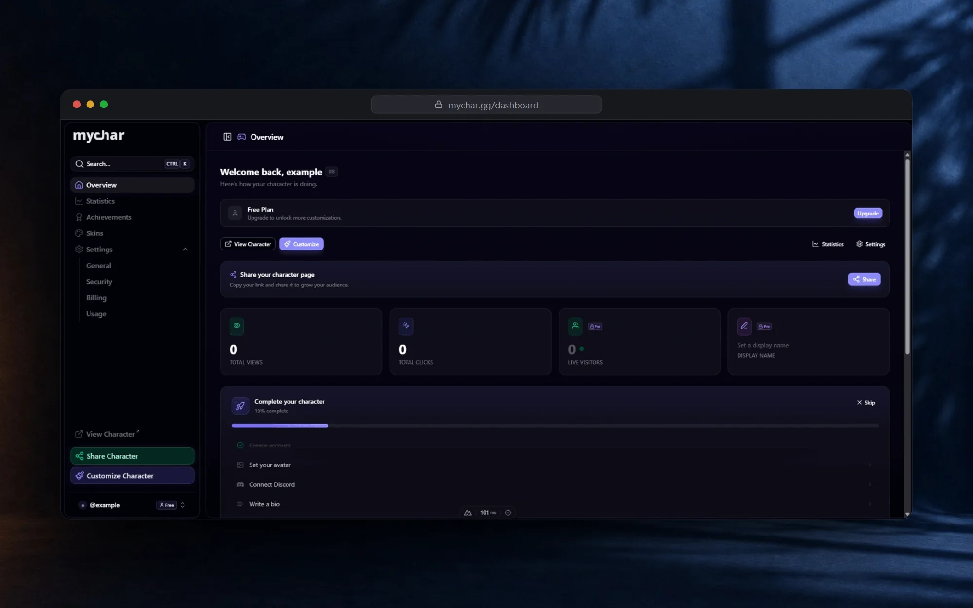 The MyChar dashboard overview with page stats and a setup checklist