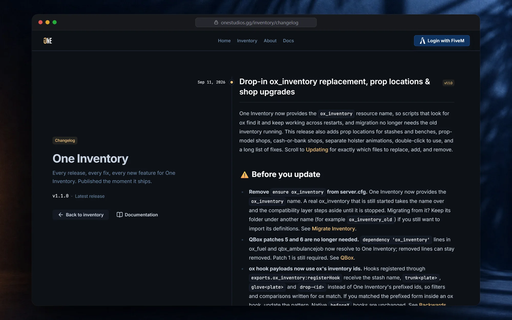 The One Inventory changelog on onestudios.gg with a dated release and its update notes