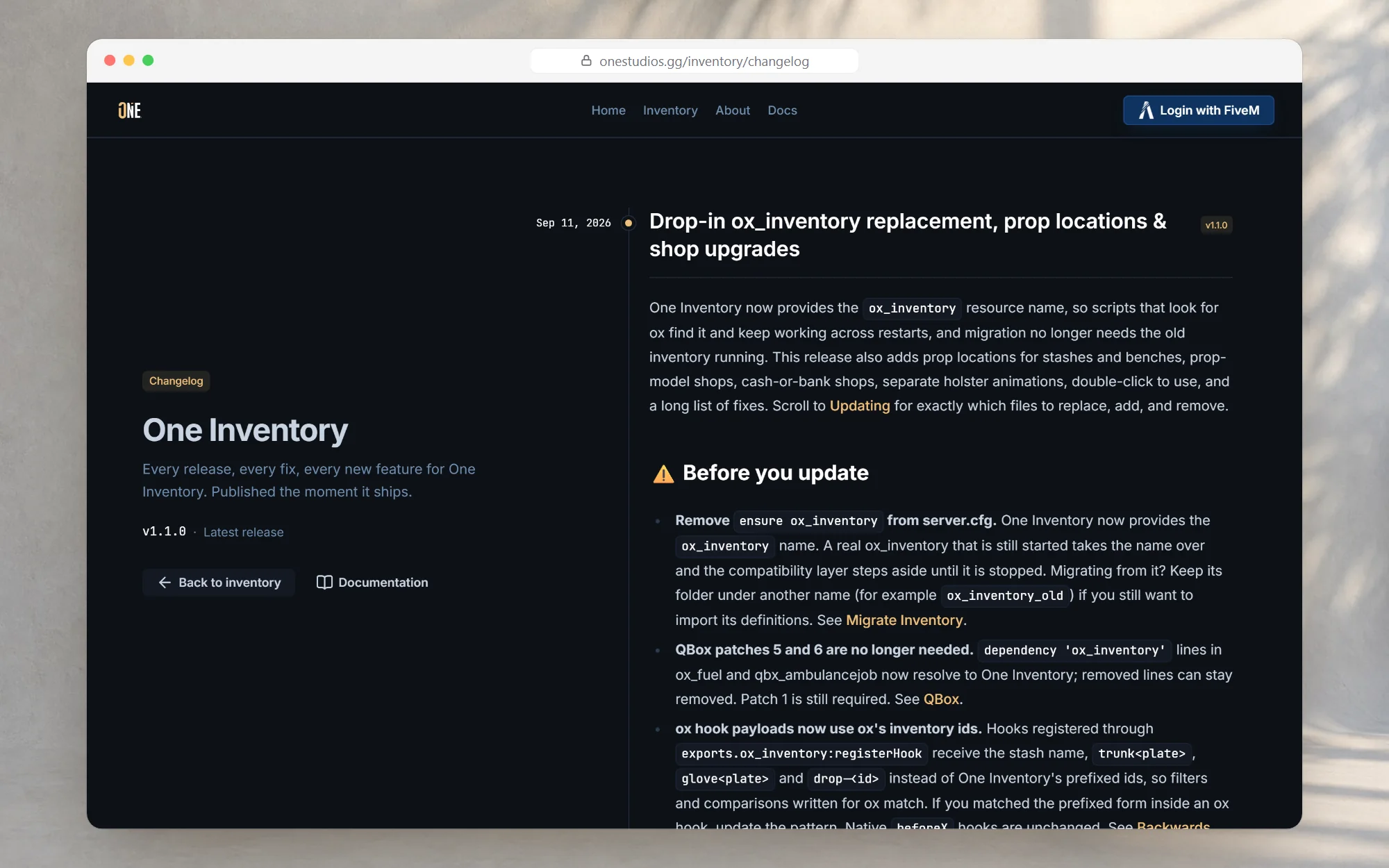 The One Inventory changelog on onestudios.gg with a dated release and its update notes
