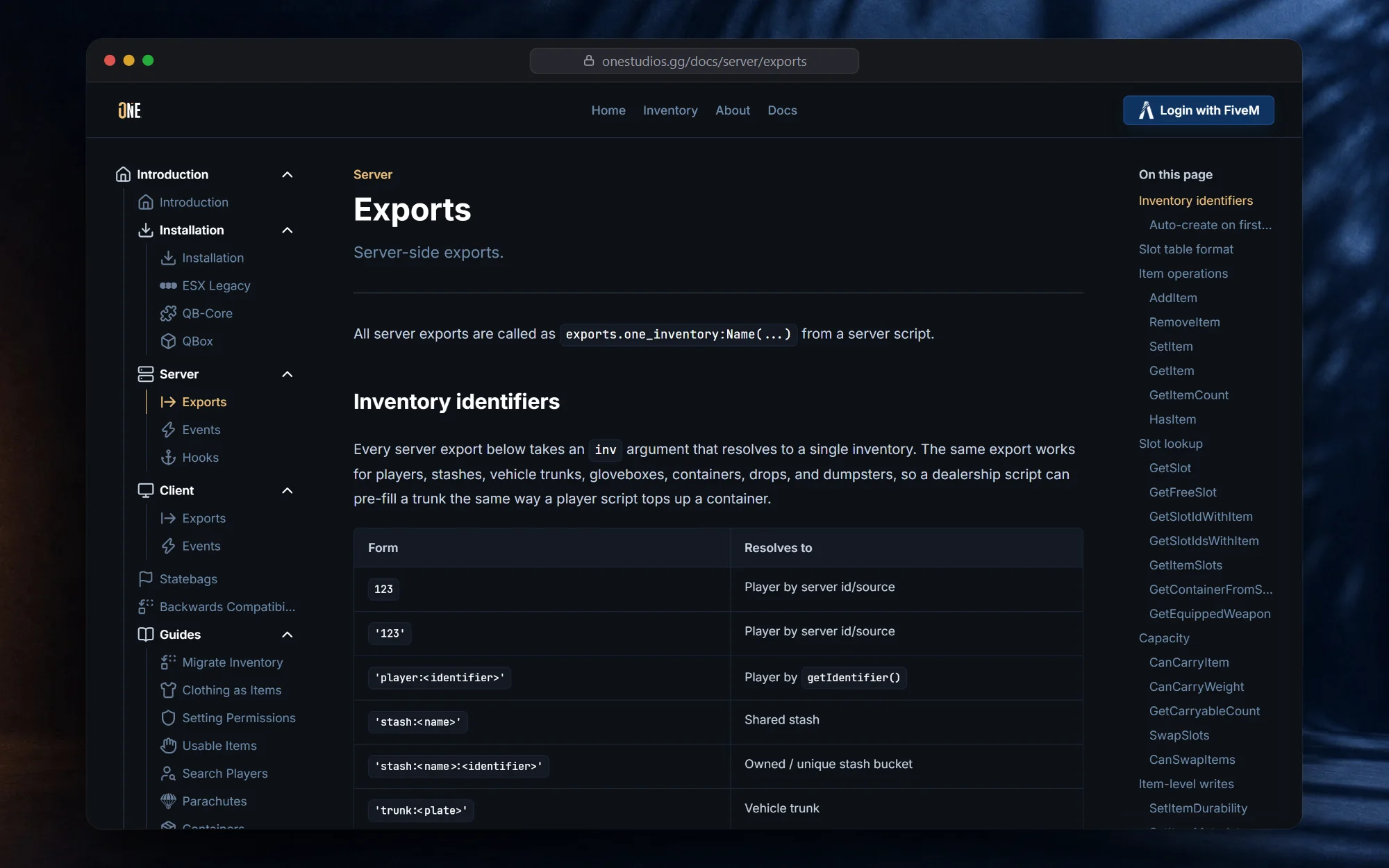 The server exports reference in the One Studios documentation