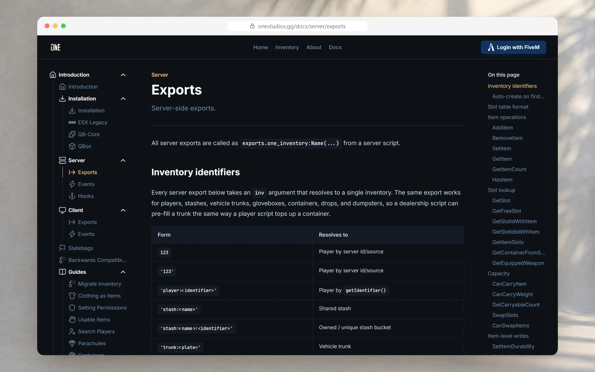 The server exports reference in the One Studios documentation