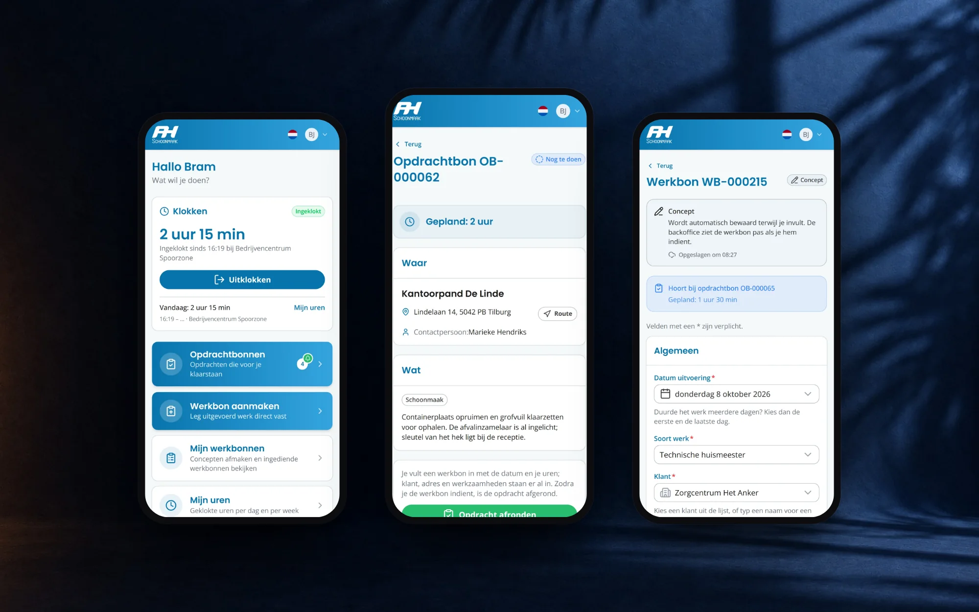 The employee hub on a phone: clocked in at a client, a job with directions and a work order in draft