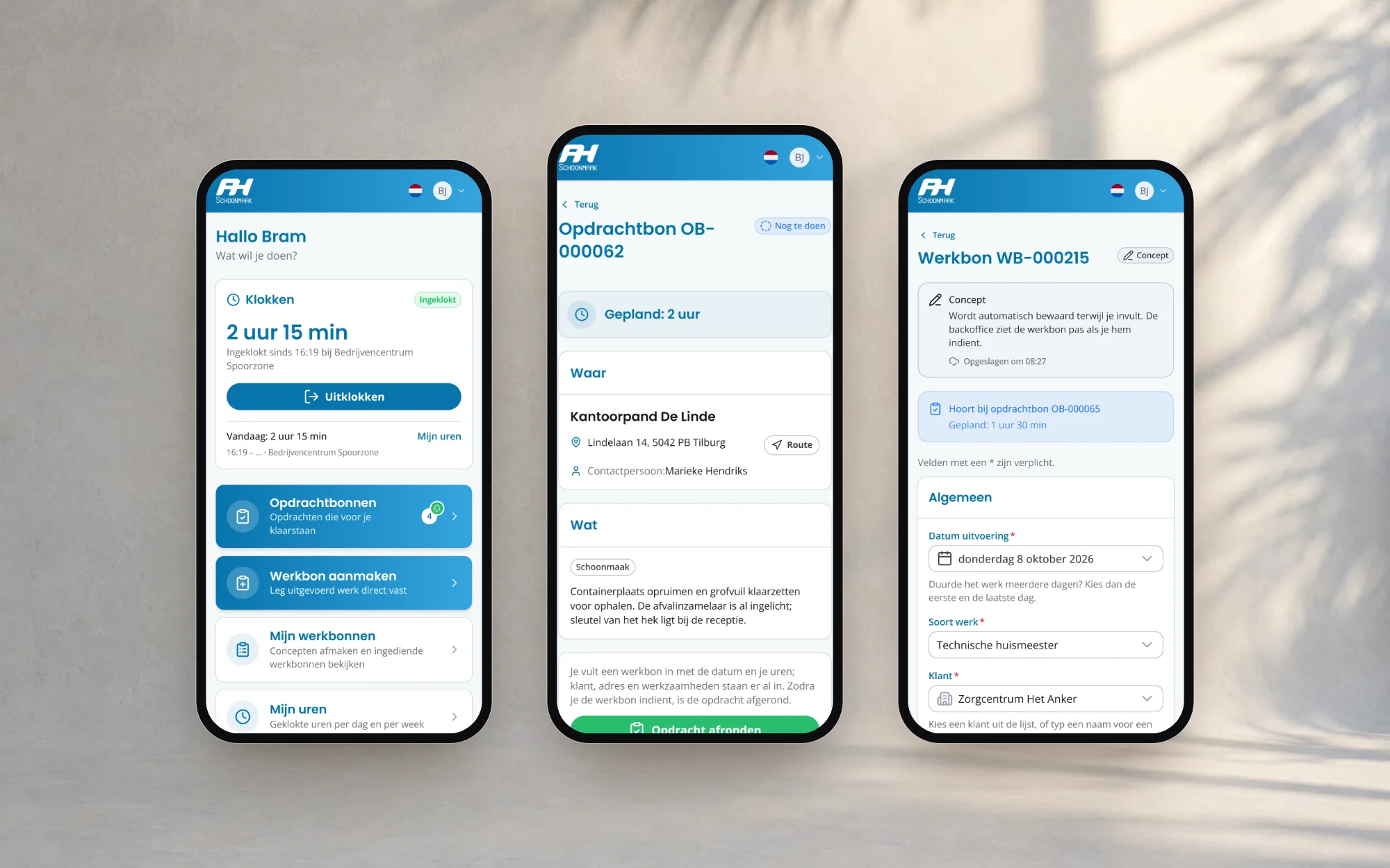 The employee hub on a phone: clocked in at a client, a job with directions and a work order in draft