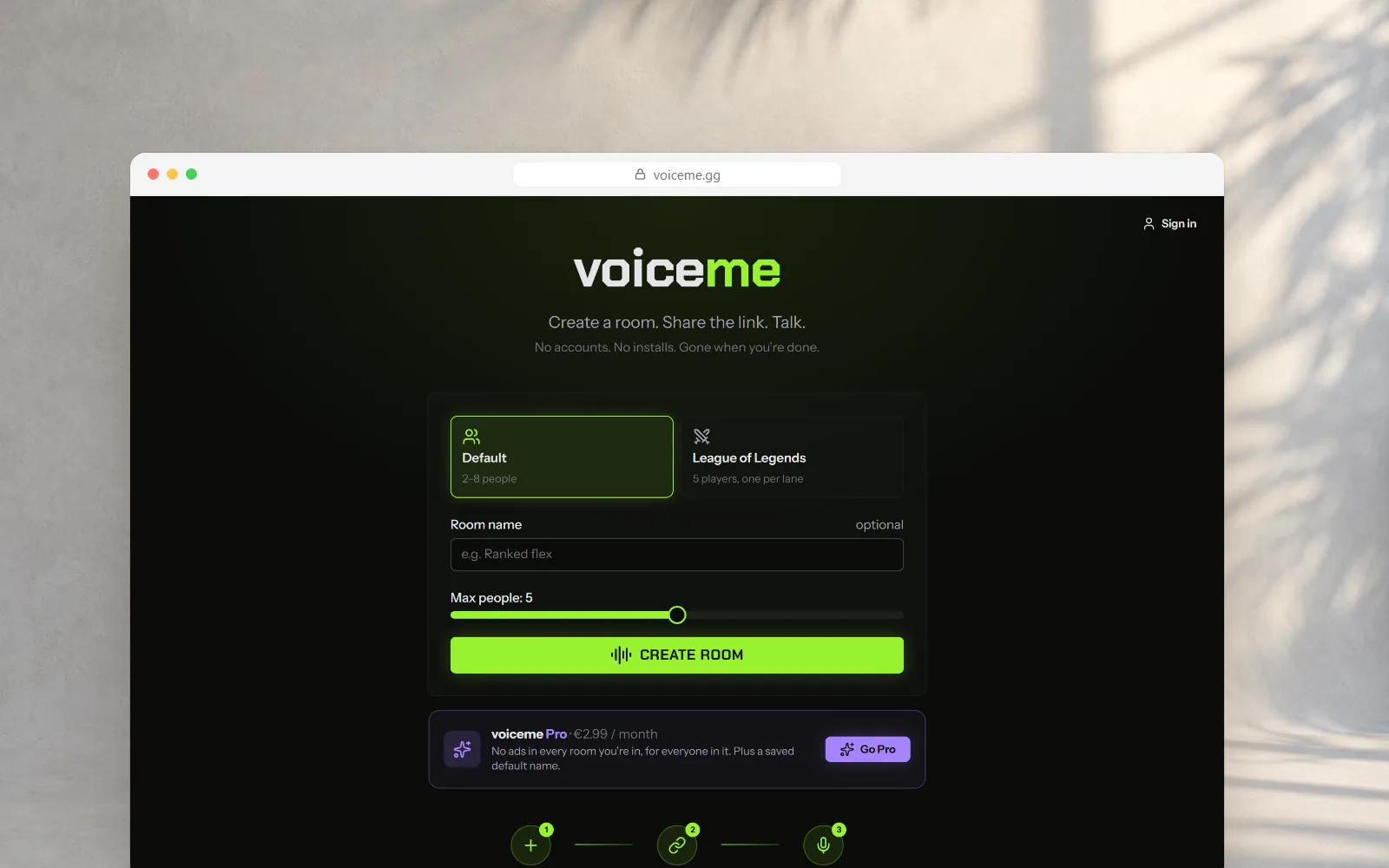voiceme, Voice chat rooms that start with one link